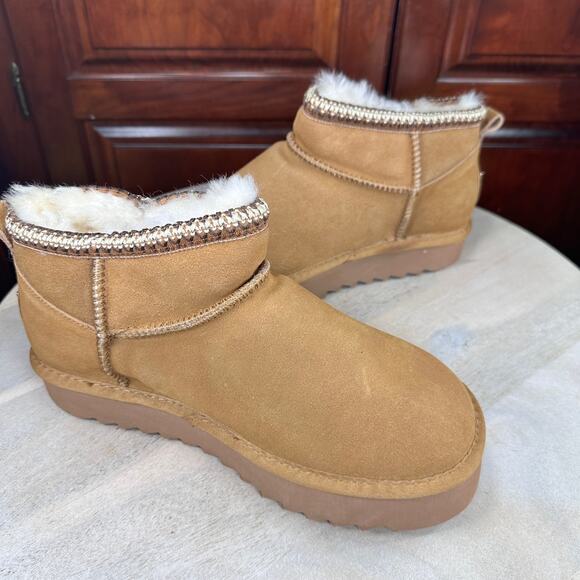 Mexx Womens Size 9.5 US Suede Shearling Boot Chestnut Fur Lined Ankle Platform - Picture 5 of 14